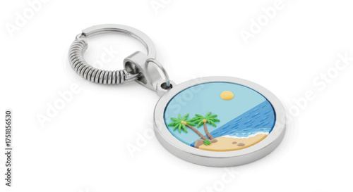 Round Keychain with Tropical Beach Scene and Palm Trees.
