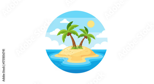 Tropical island paradise with palm trees and clear blue ocean.