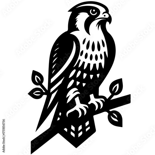Illustration of a perched falcon with detailed plumage and sharp talons on a leafy branch design element