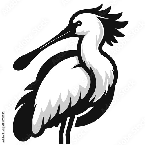 Illustration of a black and white spoonbill bird with a long beak and feathered crest design element