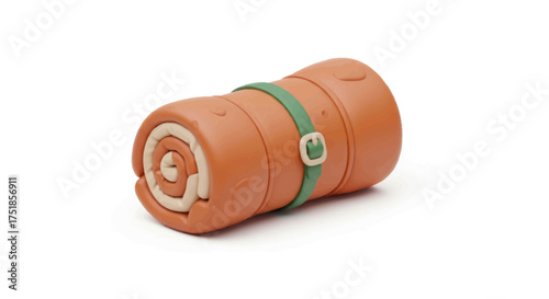Rolled up sleeping bag with green strap and buckle.
