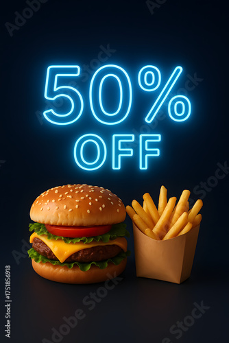 Classic hamburger and french fries with a neon 50 percent off sign
