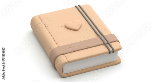 A light brown leather-bound journal with a heart-shaped clasp and elastic band closure.