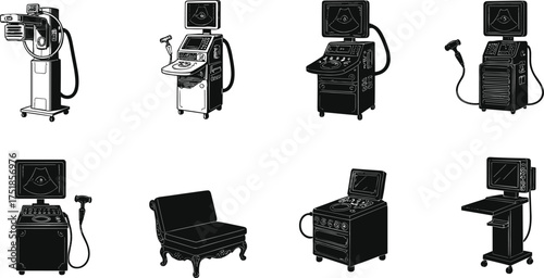 Black silhouette vector illustration of medical ultrasound machines, diagnostic equipment, hospital devices, healthcare tools, isolated objects on white background design