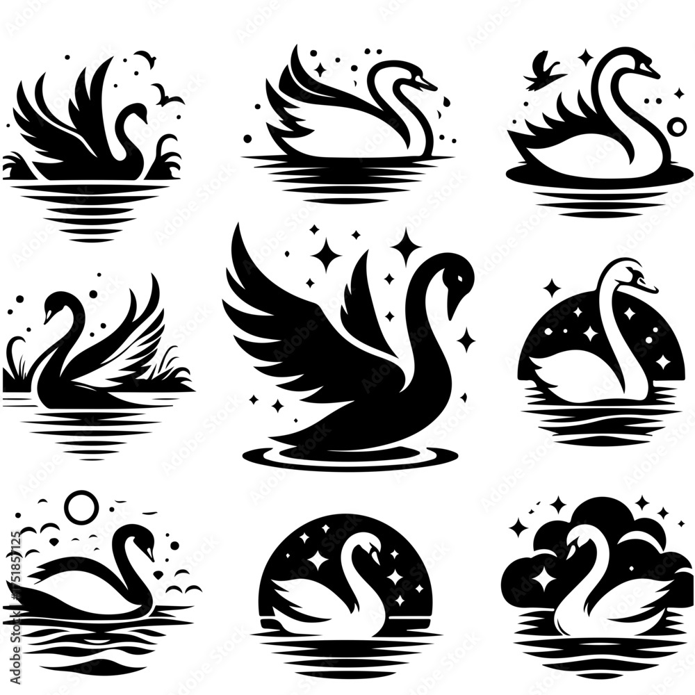 Fototapeta premium Collection of stylized swan illustrations in various artistic compositions and graphic designs