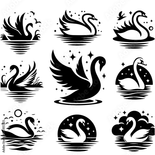 Collection of stylized swan illustrations in various artistic compositions and graphic designs