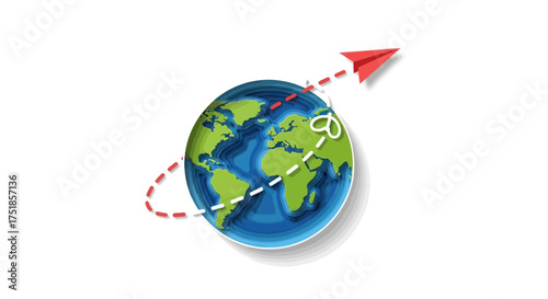 Red paper airplane circling the globe with a dotted flight path.