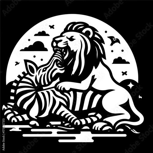 Lion attacking a zebra in a graphic black and white design with decorative elements and a semi circle shape