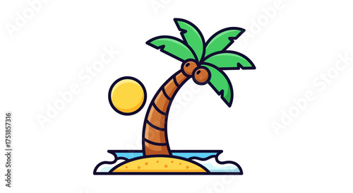 Stylized illustration of a tropical palm tree with coconuts under a bright sun.