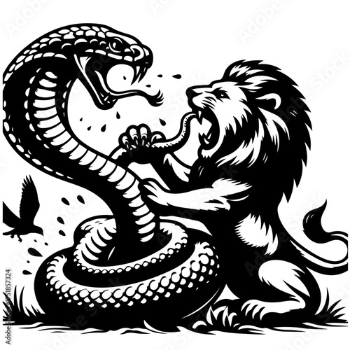 A fierce battle between a lion and a snake depicted in a detailed black and white illustration style
