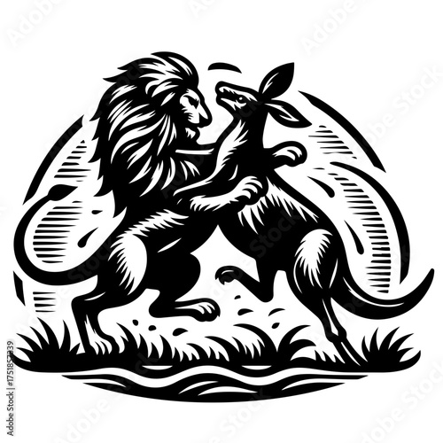 Illustration of a lion and kangaroo facing each other in a dynamic fighting stance with grass below them