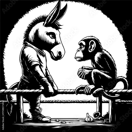 Donkey and monkey in boxing ring in black and white illustration with dramatic lighting effects shown