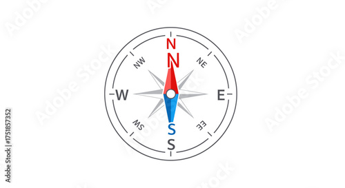 Classic navigational compass with red and blue needle pointing north and south.