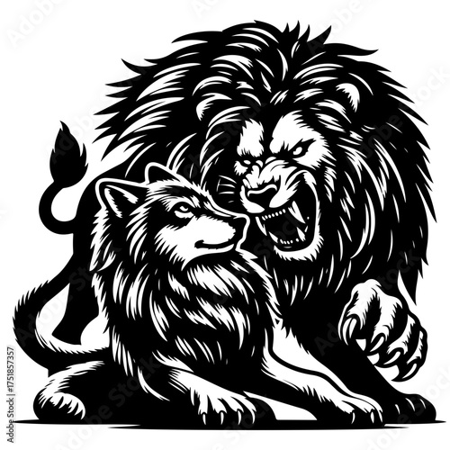 Illustration of a lion roaring aggressively next to a calm wolf in black and white design style