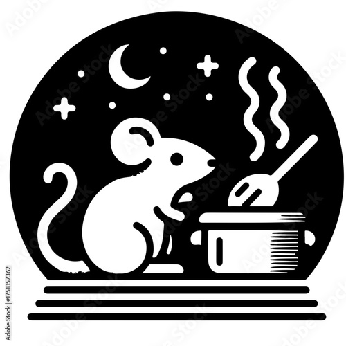 Mouse stirring a pot under the moon and stars in a black and white graphic illustration style image