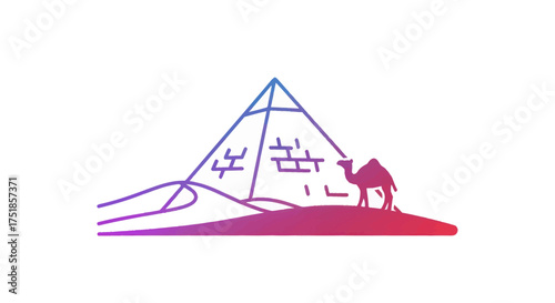 Stylized Egyptian Pyramid and Camel Silhouette with Desert Dunes.