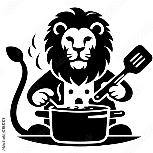 A lion chef stirring a pot with a spoon and holding a spatula in black and white illustration