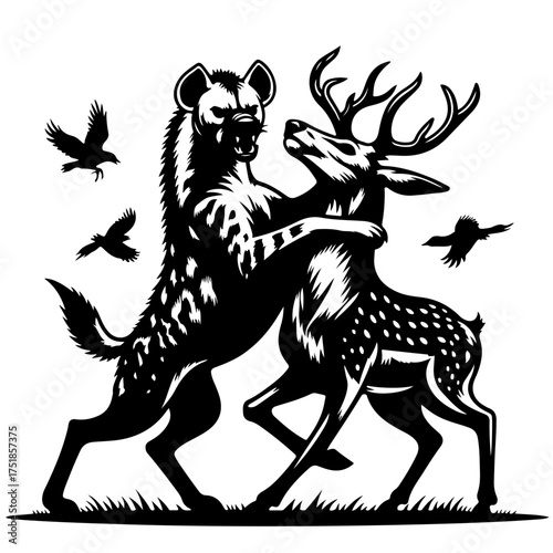 A hyena and a deer locked in combat with birds flying around in a black and white illustration