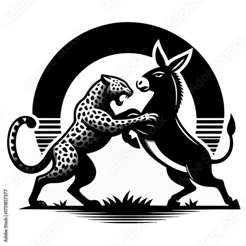 Leopard and donkey clashing in black and white with an arch in the background in vector graphic