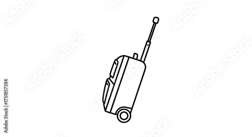 Black and White Outline of Rolling Suitcase with Handle.