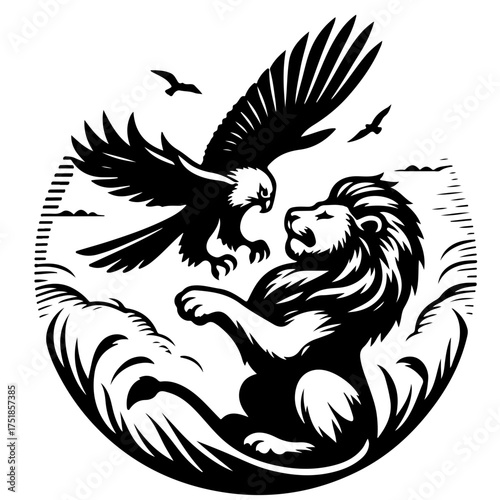 Illustration of an eagle attacking a lion with birds flying in a circular black and white design