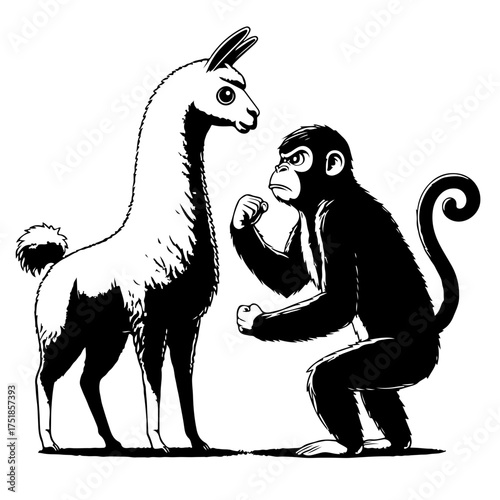 A llama faces off with a monkey in a black and white illustration with an aggressive stance shown here