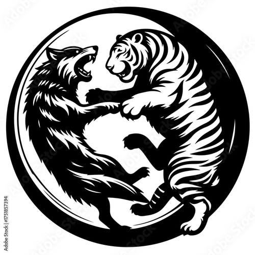 Illustration of a black and white tiger and wolf in a yin yang circle design facing each other growling fiercely