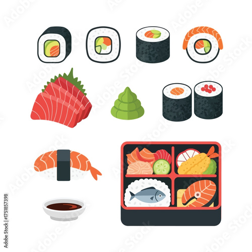 A vibrant and detailed illustration showcasing a variety of delicious Japanese sushi and sashimi dishes, presented in a visually appealing arrangement.