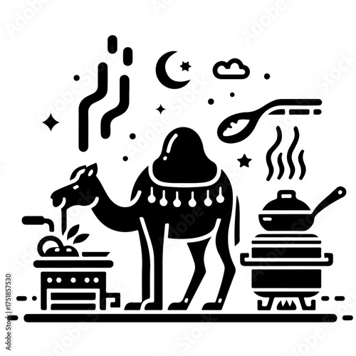 A camel is cooking and preparing food with a pot and stove under the moon and stars in the night sky