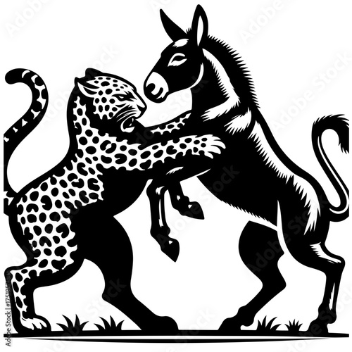 Illustration of a black and white leopard fighting with a donkey in a stylized heraldic design