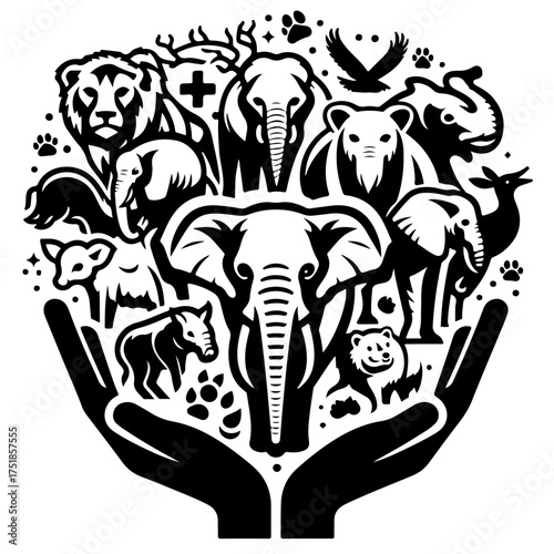 Illustration of hands holding a collection of wild animals in black and white graphic style design