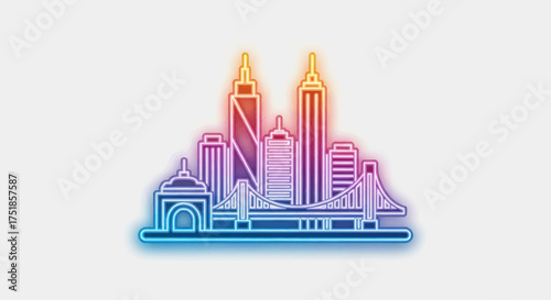 Vibrant Neon Skyline Silhouette of Modern Cityscape Buildings.
