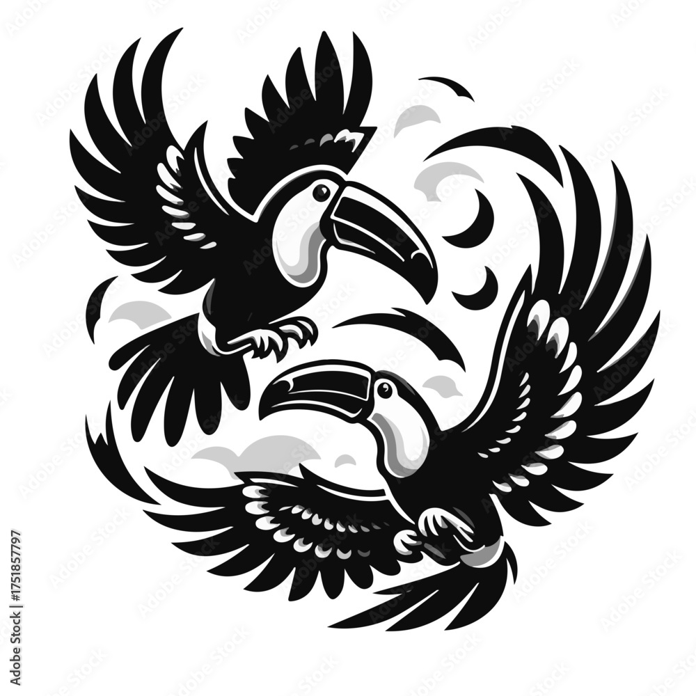 Fototapeta premium Two toucans in flight with stylized feathers and clouds arranged in a circular composition design