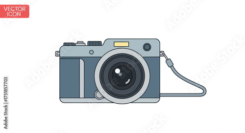 Modern Digital Camera Illustration with Strap Compact Photographic Device.
