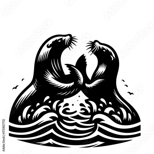 Two otters facing each other in water with birds flying in the background in black and white style
