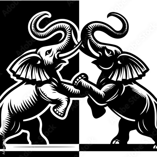 Two elephants facing each other in a black and white design with curled trunks and textured skin detail