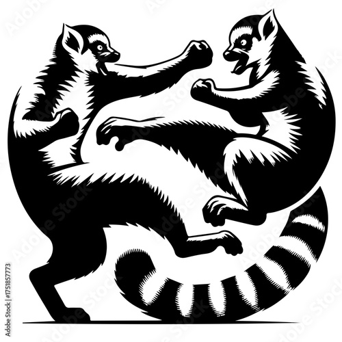 Two lemurs in a dynamic pose facing each other with raised fists and a kicking leg in black and white
