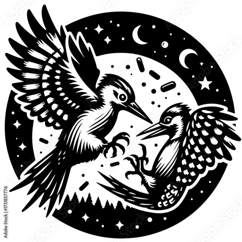 Two woodpeckers facing each other in a circular frame with stars and moon in black and white style