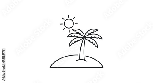 Simple Black and White Palm Tree Island with Sun.