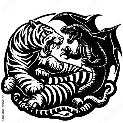 Illustration of a tiger and dragon facing each other in a circular composition black and white style