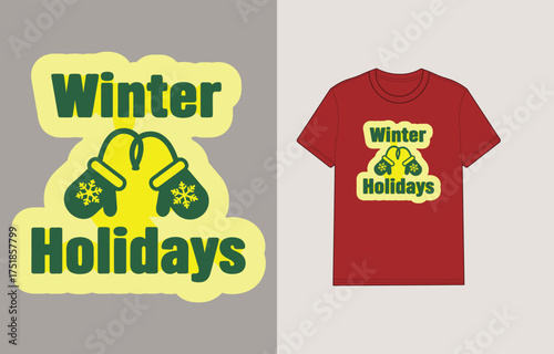 Green mittens with snowflakes connected by string text winter holidays