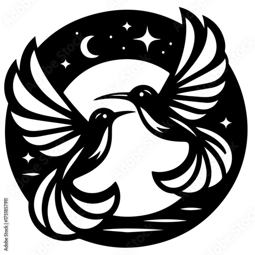 Silhouette of two hummingbirds facing each other with moon and stars in a circular composition