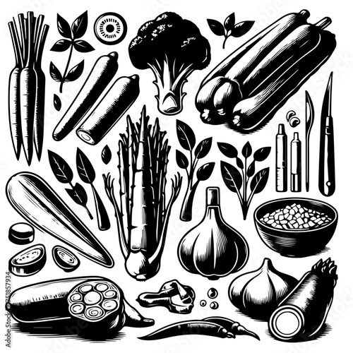 Monochrome illustration showcasing a variety of fresh vegetables and culinary ingredients arranged together