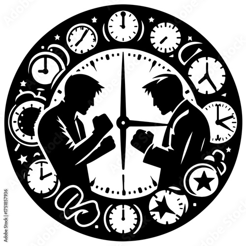 Two silhouetted figures boxing in a clock face surrounded by clocks and stars in a circular design