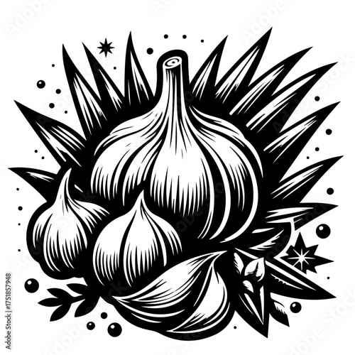 Illustration of a garlic bulb with cloves and spiky leaves in black and white style design