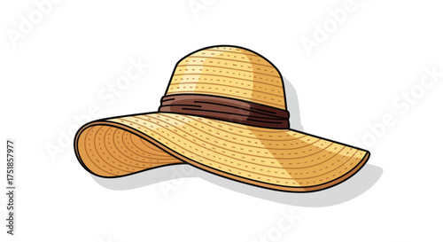 A wide-brimmed straw sun hat with a dark brown ribbon band.