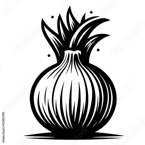 Illustration of an onion with sprouting leaves and a bulbous base in black and white style image