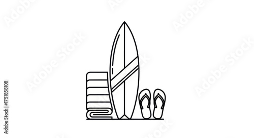 Beach essentials icon with a surfboard stacked towels and flip-flops in a simple line drawing style.