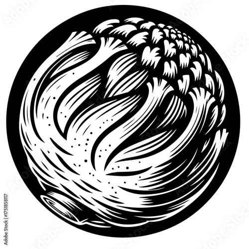 Illustration of an artichoke with detailed linework in black and white on a circular background design