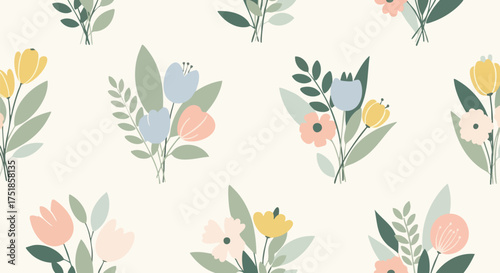 A charming seamless pattern of stylized spring flowers in pastel colors on a light background